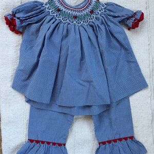 Remember Nyugen Smocked Ladybug Blue and Red Gingham Set